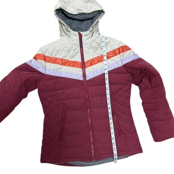 YO COLORADO Hooded Puffer Jacket Colorblock Retro Stripe Maroon Beige S/M - Picture 7 of 11